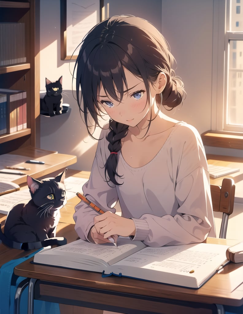 Masterpiece, Top Quality, High Definition, Artistic Composition,1 girl, sitting in a chair studying, study desk, notebook, holding a pencil, distressed, frowning, hair tied back, top, plain colored loungewear, messy room, small room, (cat sleeping on floor), dark room, bold composition, looking away 