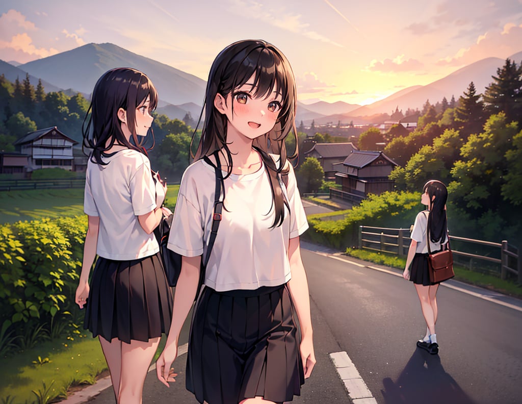 (masterpiece, top quality), high definition, artistic composition, 3 girls, casual fashion, sunset, backlighting, Japanese countryside, walking, beautiful nature, talking, excited, exaggerated gestures, girlish gestures, portrait, film style, striking light, looking happy, from the side, looking away, Summer, T-shirt