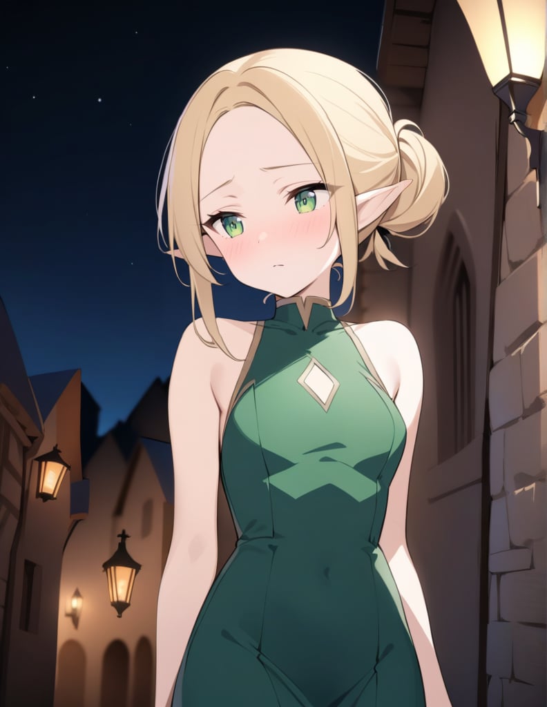 (masterpiece, top quality), high definition, artistic composition, 1 girl, elf, tight viridian dress, unadorned, blonde hair, hair tied back, forehead showing, hair touching, medieval town at night, lantern light, blurred background, looking away, blushing, embarrassed