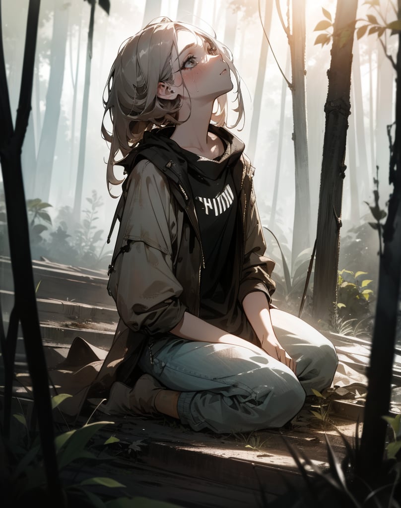 (masterpiece, top quality), high definition, artistic composition, 1 girl, dirty face, sad, tired, looking away, looking up to heaven, hand on shoulder, down on one knee, dirty, shabby clothes, shabby hair, deep in forest, light shining, striking light, spotlight on face, dramatic, high contrast, divine, beautiful nature