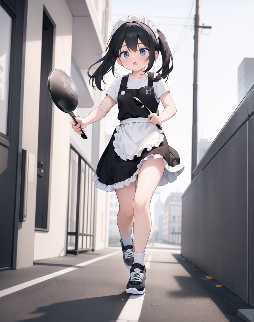 (masterpiece, top quality), high definition, artistic composition, 1 girl, black sportswear, stylish apron, running, frying pan in hand, off balance, panicked, looking away, attention seeking, urban area