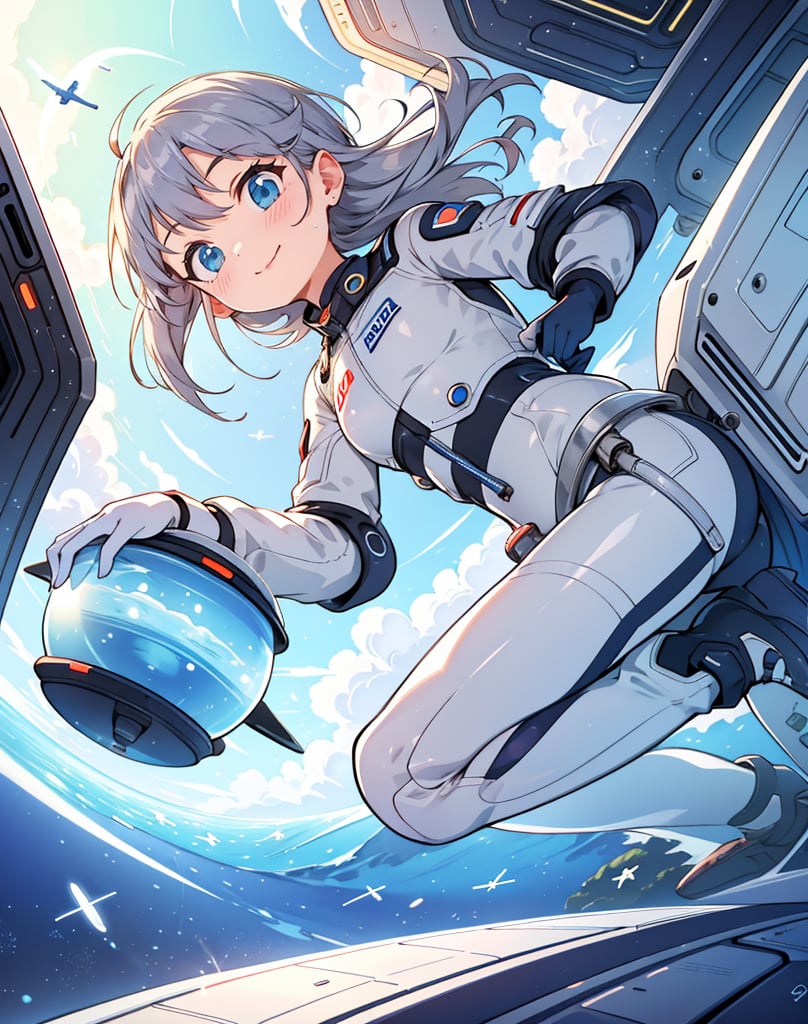 Masterpiece, Top Quality, High Definition, Artistic Composition,1 girl, silver pilot suit, on small saucer shaped UFO, smiling, looking away, retro-futuristic, cartoon, flying, from below, backlit, wide shot,