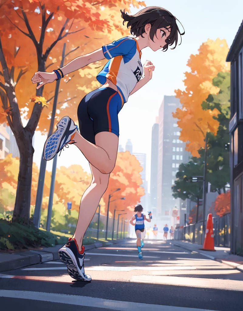 (Masterpiece, Top Quality), High Definition, Artistic Composition, 1 woman, marathon uniform, running shoes, running a marathon, running, short hair, looking away, tree-lined street, fall, from below, emphasis on feet, bold composition, sense of speed, Dutch angle, motion blur, lively, perspective, from side