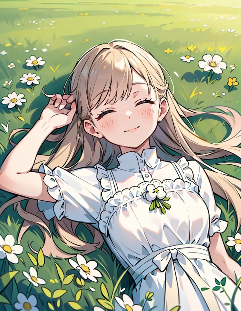 Masterpiece, Top quality, High definition, Artistic composition, 1 girl, lying in clover field, from above, eyes closed, smiling, hands behind head, Dutch angle, upper body, clover flowers, warm, pleasant, resting