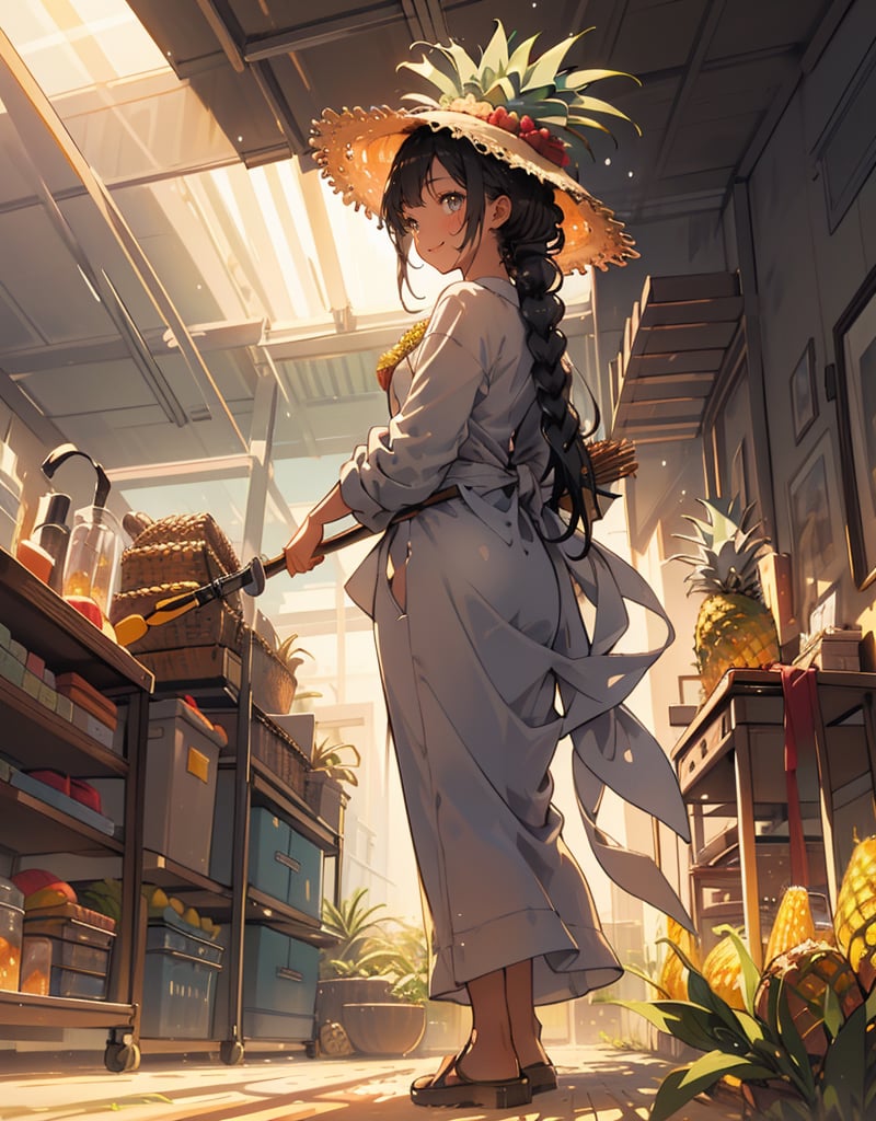 (masterpiece, top quality), high definition, artistic composition, 1 girl, pineapple field, standing tall, wearing gray work clothes, straw hat, holding hoe, looking up to heaven, smiling, wiping sweat from forehead, hair tied back, healthy, striking light, portrait, bold composition, from below, Looking away, full body, at work
