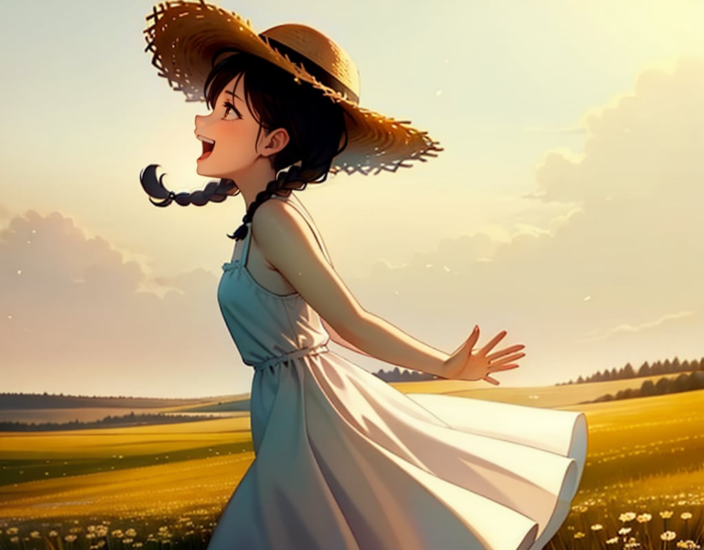 (masterpiece, top quality), high definition, artistic composition, 1 girl, dark hair, sundress, straw hat, running with open hands, open mouth laughing, braids, from side, meadow,