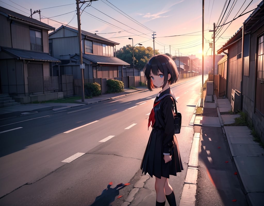 Masterpiece, top quality, high definition, artistic composition, anime, 1960s Japan, downtown, sunset, dirt road, wooden telegraph pole, empty lot, little girls talking and walking, leaving school, school road, shadow extending on ground, bold composition, everyday life, striking light, Showa era landscape