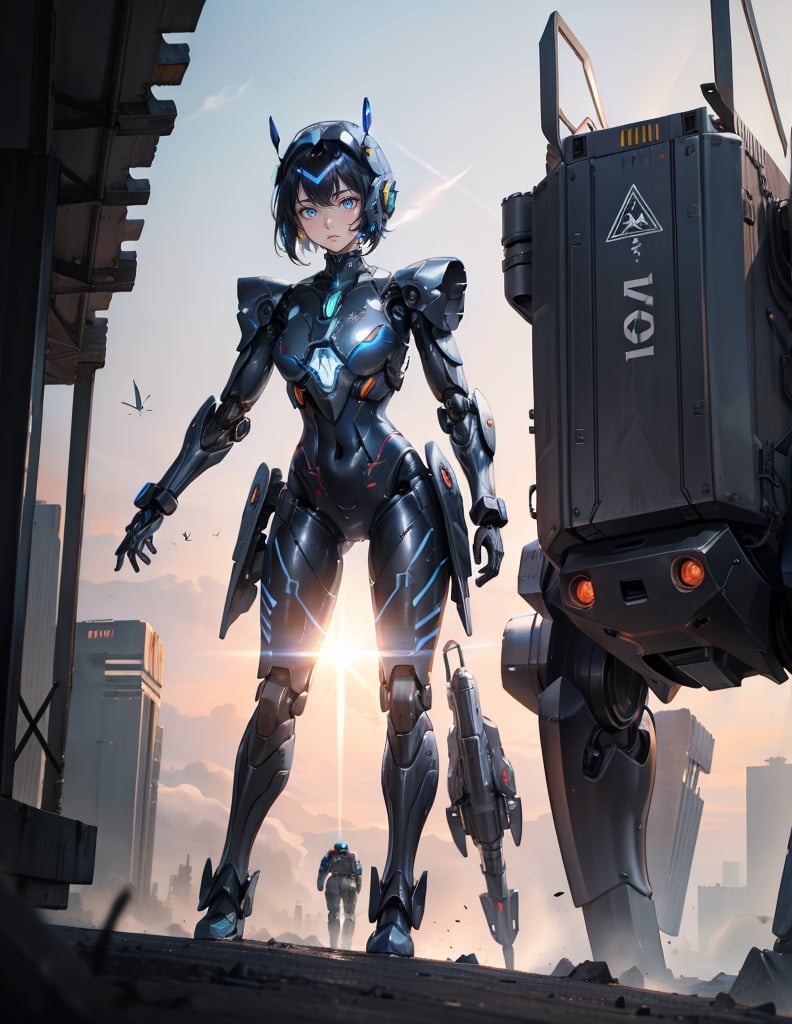 (masterpiece, top quality), high definition, artistic composition, 1 girl, standing, expressionless, futuristic battle suit, body suit, giant insect shaped robot, sci-fi, impressive light, battlefield