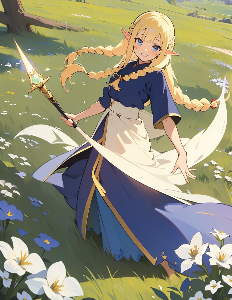 Masterpiece, Top quality, High definition, Artistic composition, One girl, Elf wizard, Navy blue robe, Khaki skirt, Magic wand made of wood, Long blonde hair, Hair in braids, Smiling, Posing, Meadow, Cheerful, Sharp eyes, Fantasy