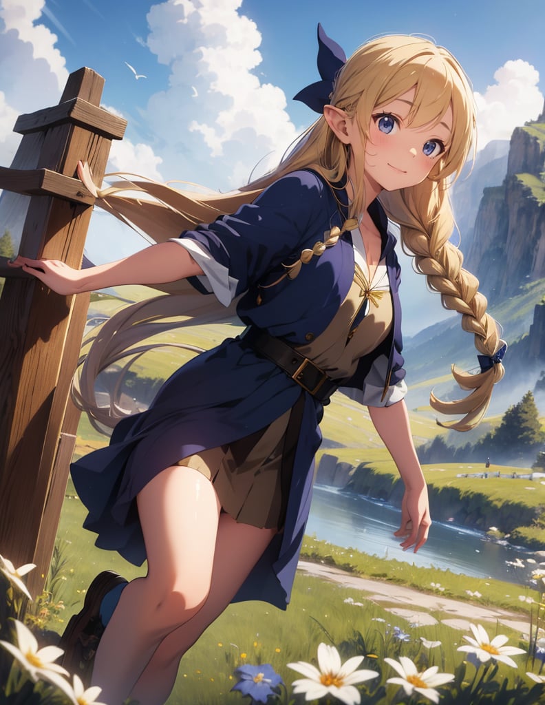 Masterpiece, Top quality, High definition, Artistic composition, One girl, Elf wizard, Navy blue robe, Khaki skirt, Magic wand made of wood, Long blonde hair, Hair in braids, Smiling, Posing, Meadow, Cheerful, Sharp eyes, Fantasy,breakdomain