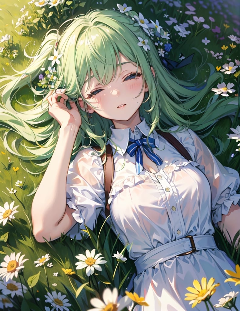 Masterpiece, Top quality, High definition, Artistic composition, 1 girl, lying in clover field, from above, eyes closed, smiling, hands behind head, Dutch angle, upper body, clover flowers, warm, pleasant, resting