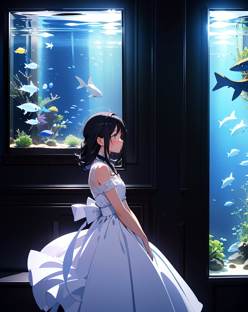 (masterpiece, top quality), high definition, artistic composition, 1 girl, looking away, white dress, black hair, dark indoor, aquarium, fantastic, dramatic, ennui