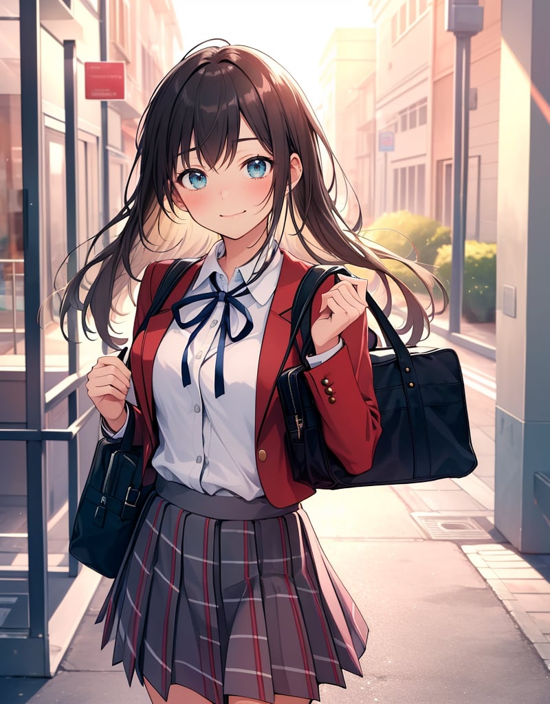 (Masterpiece, Top Quality), High Definition, Artistic Composition, 1 girl, red blazer, white shirt, black ribbon, green checked skirt, school uniform, school uniform, smiling, from front, holding school bag with both hands, smiling with narrowed eyes, schoolbag, schoolbag, portrait, spinning

