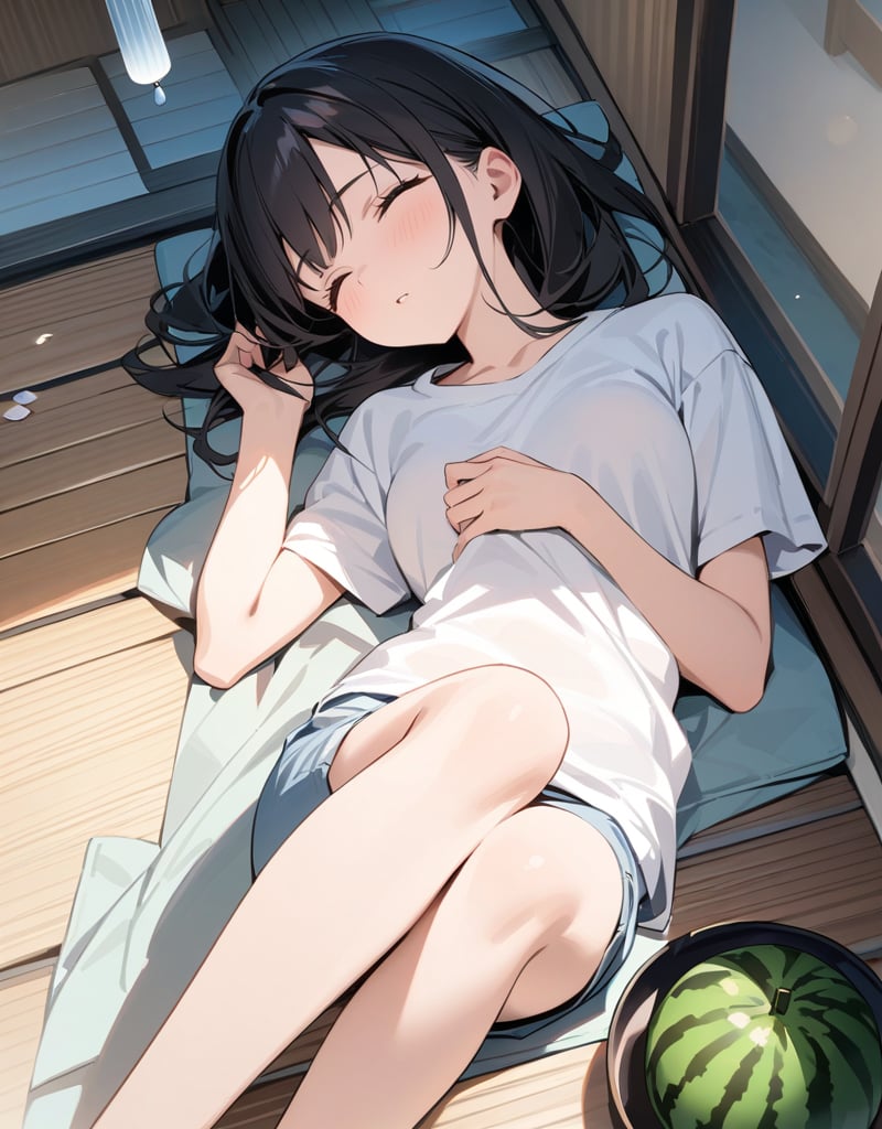 (Masterpiece, Top Quality), High Definition, Artistic Composition, 1 girl, lying on floor with eyes closed, from above, white t-shirt, easy pants to knees, Japan, porch, fan, summer, wind chimes, portrait, watermelon on plate, Dutch angle, sleepy