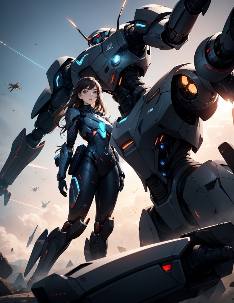  (masterpiece, top quality), high definition, artistic composition, 1 girl, standing, expressionless, futuristic battle suit, body suit, giant insect shaped robot, sci-fi, impressive light, battlefield