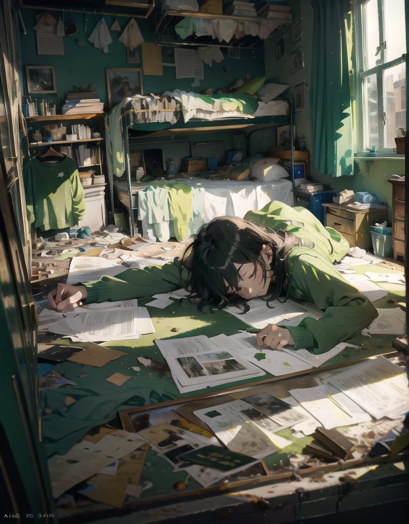 Masterpiece, Top quality, High definition, Artistic composition,1 girl, lying on the floor, on top, green jersey, hair disheveled, sleepy, dirty room, dirty room, messy room, lived in, dark room,breakdomain