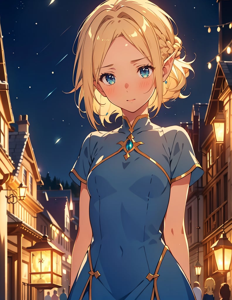 (masterpiece, top quality), high definition, artistic composition, 1 girl, elf, simple viridian tight dress, unadorned, blonde hair, hair tied back, forehead showing, hair touching, medieval town at night, lantern light, blurred background, looking away, blushing, embarrassed