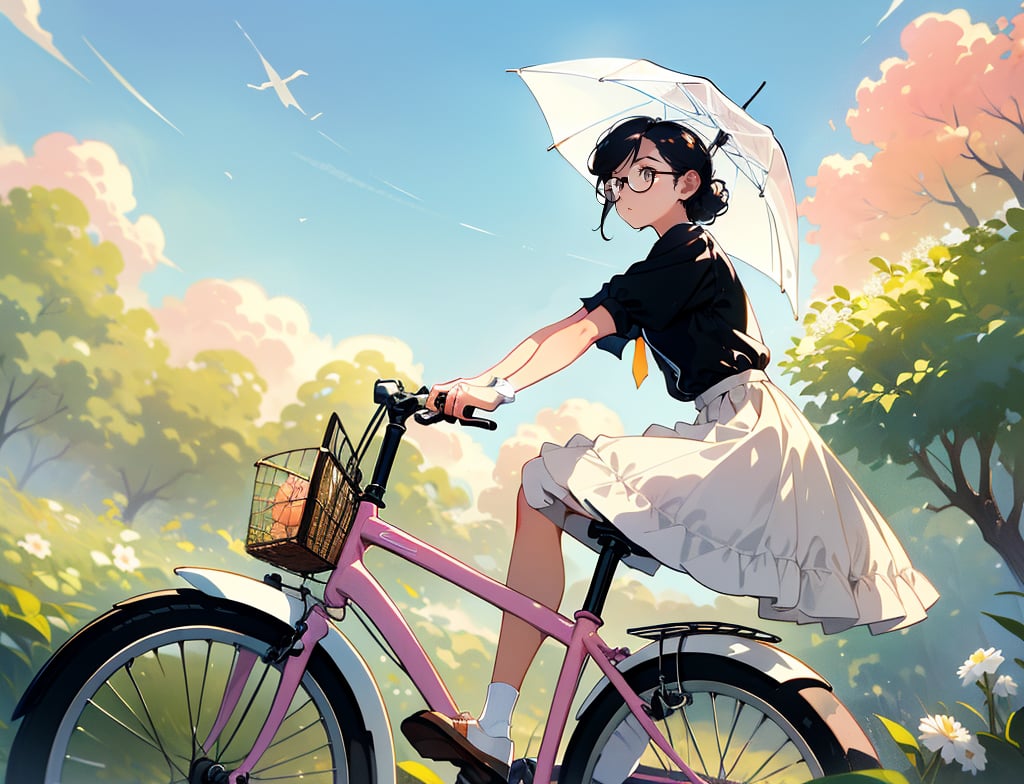 (masterpiece, top quality), high definition, artistic composition, 1 woman, round black rimmed glasses, neatly coiffed hair, light pink shirt, beige skirt, dark blue shoes, small white parasol, riding bicycle, retro bicycle with front basket, from side, looking away, suburban scene, portrait, lady, calm atmosphere