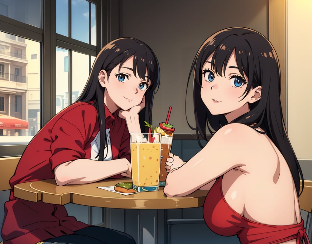 (masterpiece, top quality), high definition, artistic composition, 2 women, girl sitting leaning back in chair tired, hamburger store, girl smiling, elbows on table, juice in glass on table, from side, portrait, close friends, looking away, large gesture