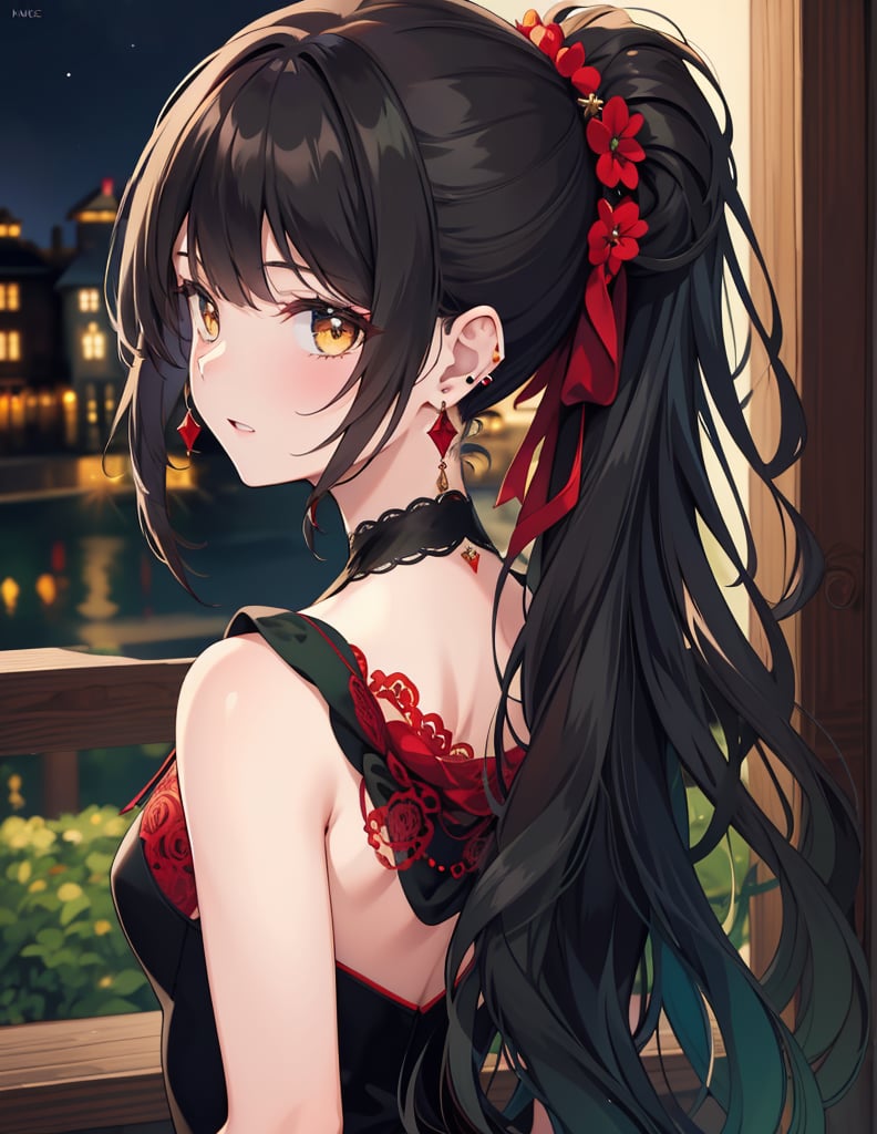 Masterpiece, Top quality, High definition, Artistic composition, 1 girl, Close-up of face, from behind, long hair, dark hair, hair up, nape of neck, red earring, smile, dark green dress, eye shadow, night town