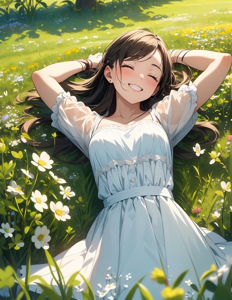 Masterpiece, Top quality, High definition, Artistic composition, 1 girl, lying in clover field, from above, eyes closed, smiling, hands behind head, Dutch angle, upper body, clover flowers, warm, pleasant, resting