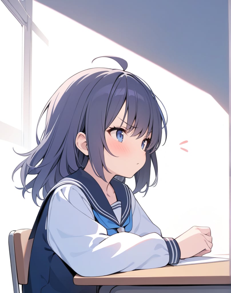 (masterpiece, top quality), high definition, artistic composition, 1 female, angry, staring at me, stupid hair, cute, young, sailor outfit, classroom, seated, hand tapping desk, blushing, from side, silly, Portrait