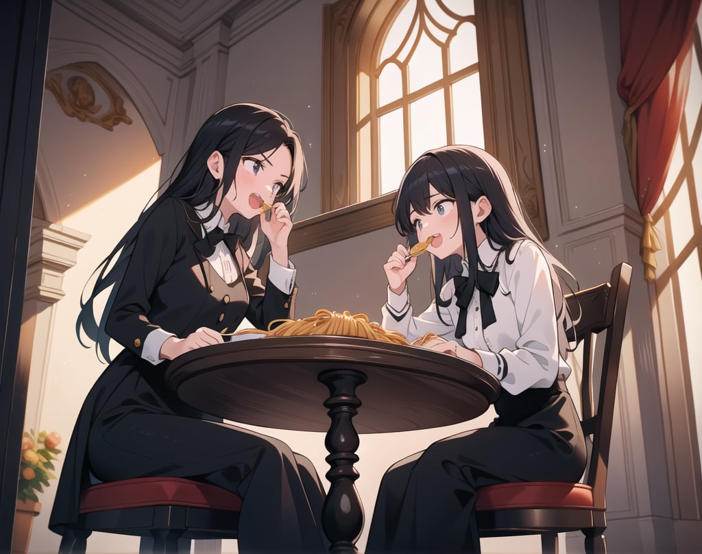 Masterpiece, Top quality, High definition, Artistic composition, 2 girls, Italian restaurant, from below, eating pasta, talking while eating, angry, laughing, friends, Italian fashion, wide shot, dark interior, striking light, dramatic