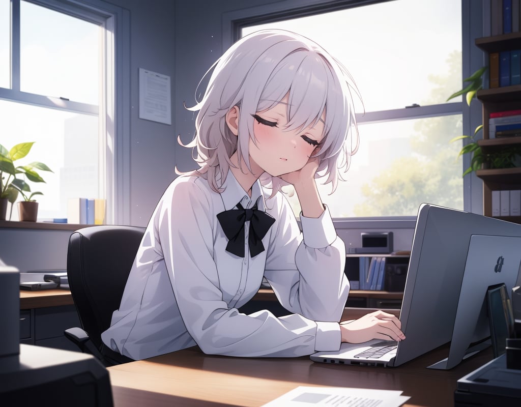 (masterpiece, top quality), high definition, artistic composition, 1 woman, collared cutter shirt, stylish office, looking at computer on desk, sleepy, messy hair, morning, white light shining through, window seat, all night, expressionless, striking light, dramatic