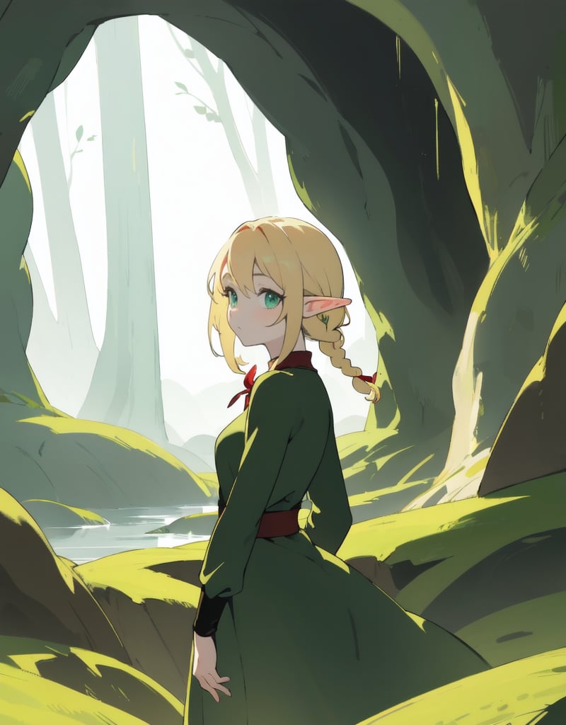 (Masterpiece, Top Quality), High Definition, Artistic Composition, 1 female, elf, blonde hair, braids, red ribbon, big eyes, tight dark green dress, slender, looking back, mysterious cave glowing pale, Fantasy