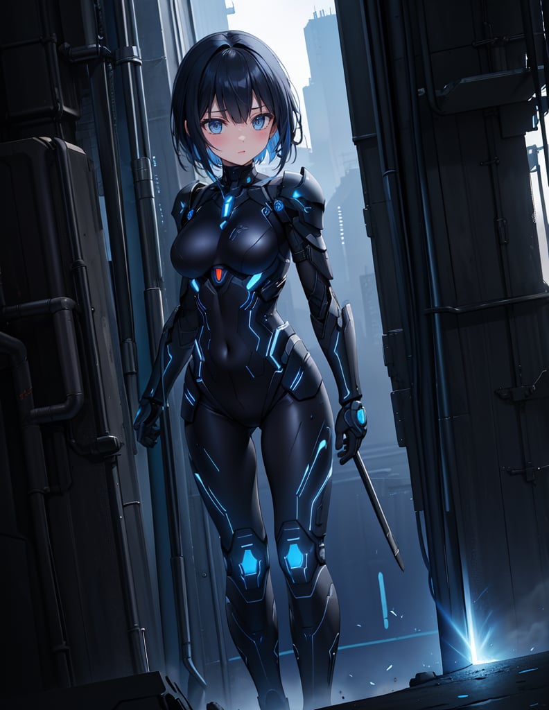 Masterpiece, Top Quality, High Definition, Artistic Composition, 1 girl, black combat bodysuit, android-like armor, shining blue, steel, near future, science fiction, composition from front, Niobe, darkness, abandoned factory, blending into darkness, perspective