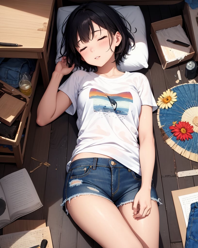 (masterpiece, top quality), high definition, artistic composition, 1 girl, t-shirt, denim shorts, short hair, sleeping with eyes closed, hot, distressed, fan, cluttered small room, from above, sloppy, portrait, summer