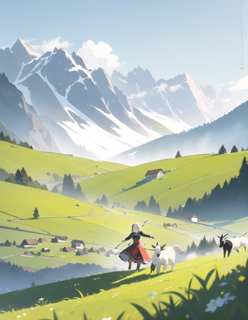 Masterpiece, Top quality, High definition, Artistic composition,1 girl, Swiss mountain pasture, Swiss national dress, Tracht, Appenzell, smiling, running with goats, beautiful nature, mountain slope, energetic, lively, motion blur, bold composition, striking light