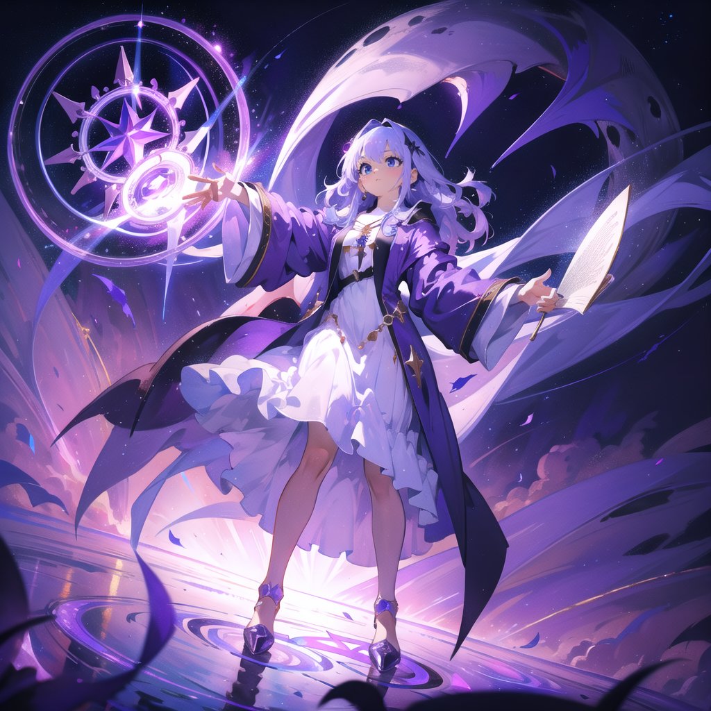 Masterpiece, Top Quality, High Definition, Artistic Composition,1 girl, wizard, purple robe, holding up magic wand, floating in air, many monsters dancing behind, serious face, simple background, fantasy, from front, wide shot, magic circle at feet