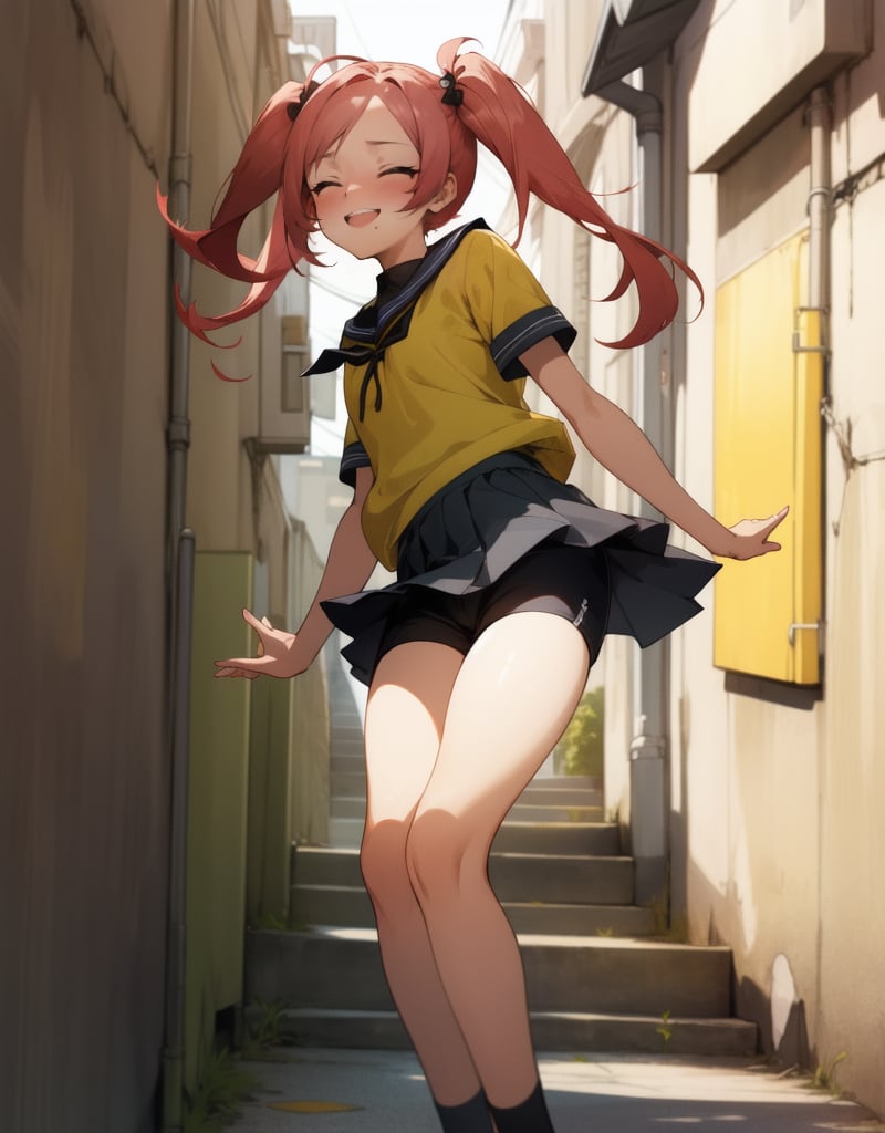 (Masterpiece, Top Quality), High Definition, Artistic Composition, 1 girl, twin-tail hair, childish, casual fashion, Skirt flipped up by hand, She is wearing shorts under her skirt, squinting and smiling, from front, from bottom, girlish gesture, school street, back alley, Showing shorts

