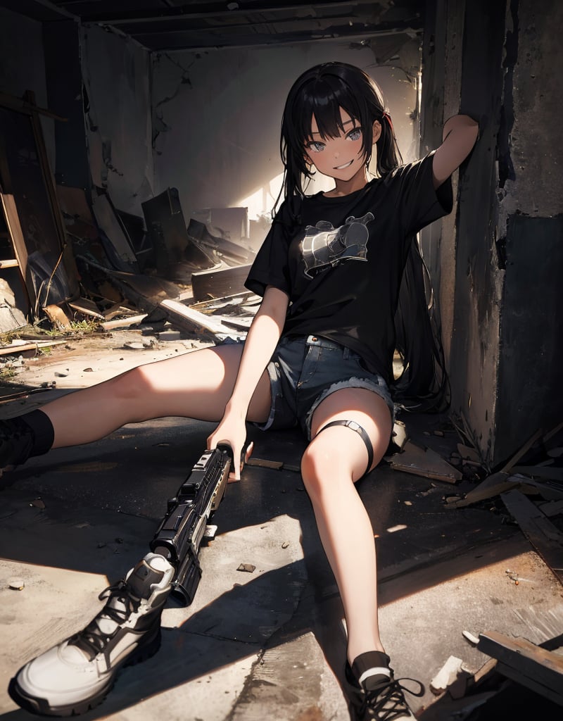 (masterpiece, top quality), high definition, artistic composition, 1 girl, 15 years old, smirking, (holding a pistol), darkness, in ruins, plain t-shirt, shorts, lying on her back on the ground, danger, crisis, suspense