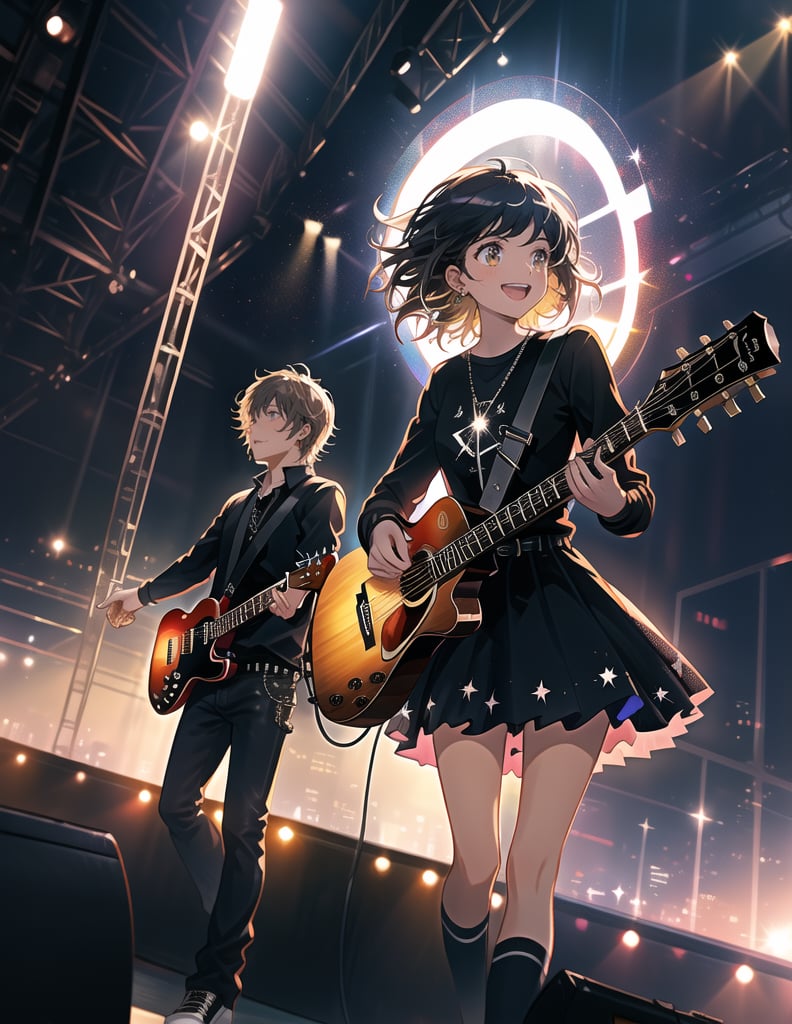 Masterpiece, Top Quality, High Definition, Artistic Composition,1 girl, playing guitar, rock band, concert, smiling, sweat, urban casual, right hand raised, from below, lighting, lively, screaming, bold composition, striking light