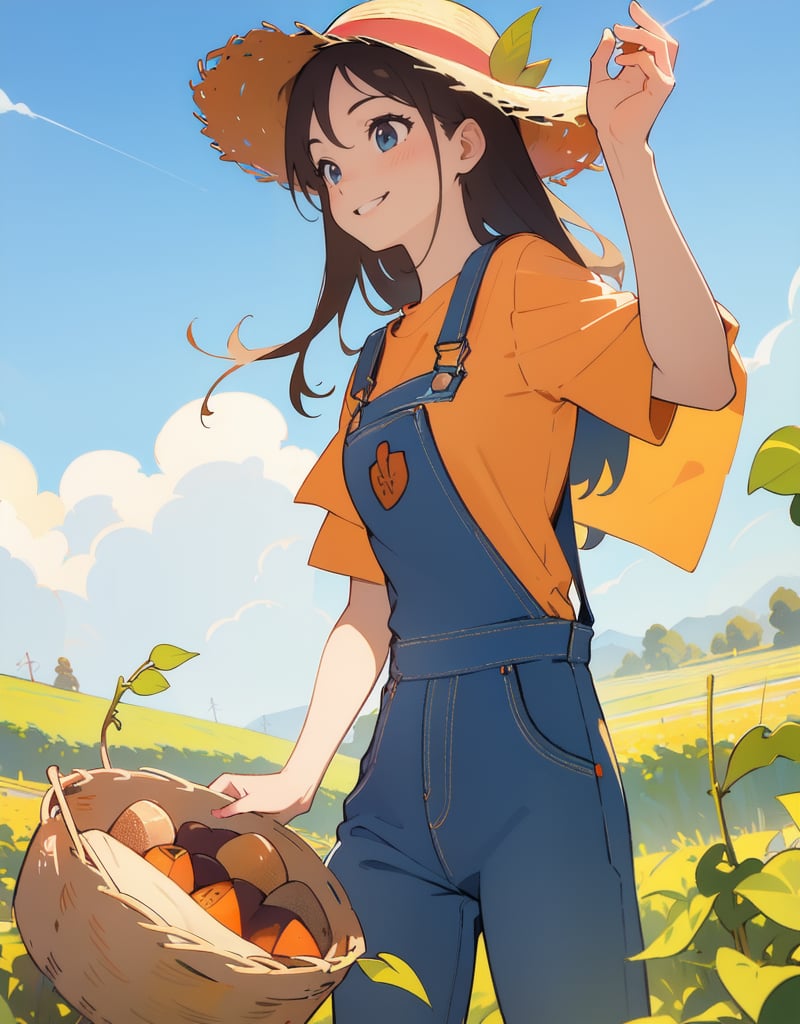 (masterpiece, top quality), high definition, artistic composition, 1 girl, smiling, harvesting sweet potatoes, denim overalls, beige innerwear, straw hat, sweet potato field, blue sky, nature, from below, sweet potato and vine in hand