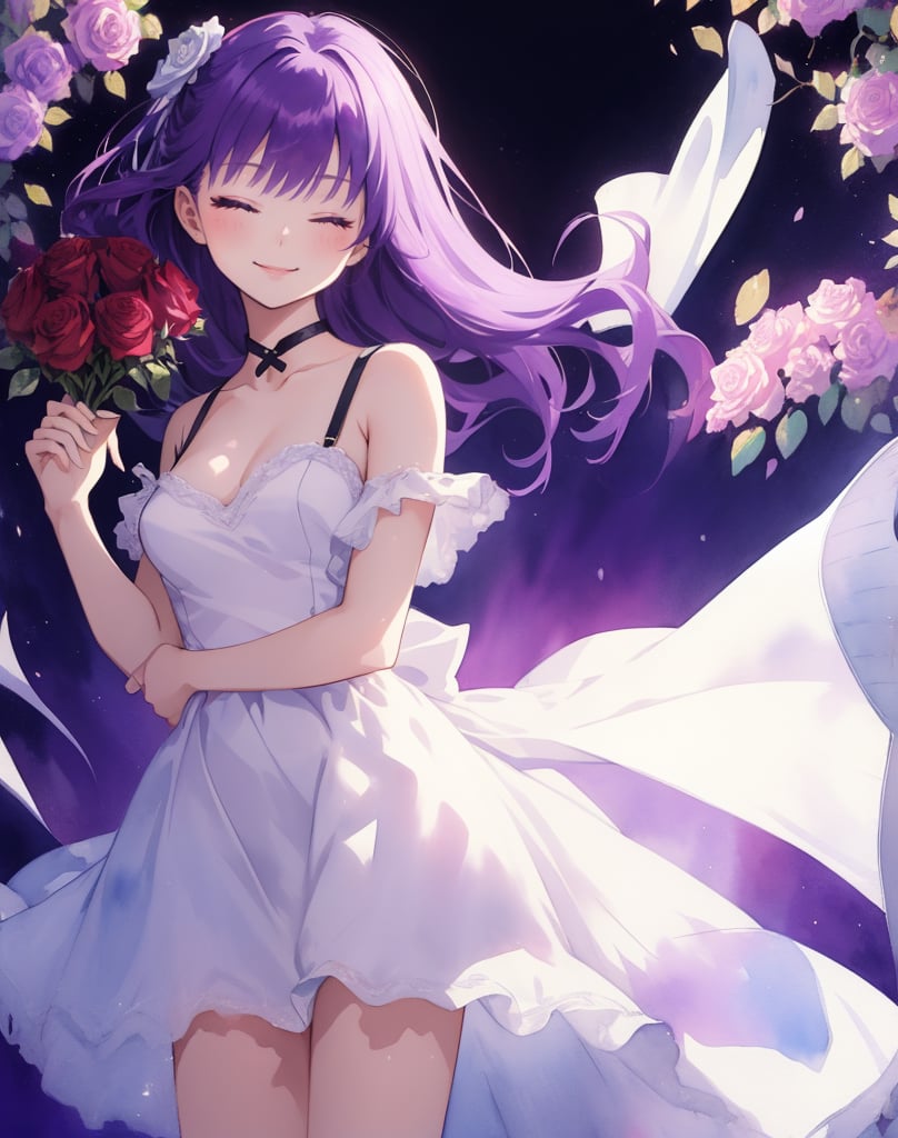 (masterpiece, top quality), high definition, artistic composition, 1 girl, Eyes closed, prone, smiling, holding rose bouquet in front of body with both hands, standing, purple hair, tight white dress, shoulder straps, black background, Len Plant light, from front, watercolor, calm, clean, cowboy shot