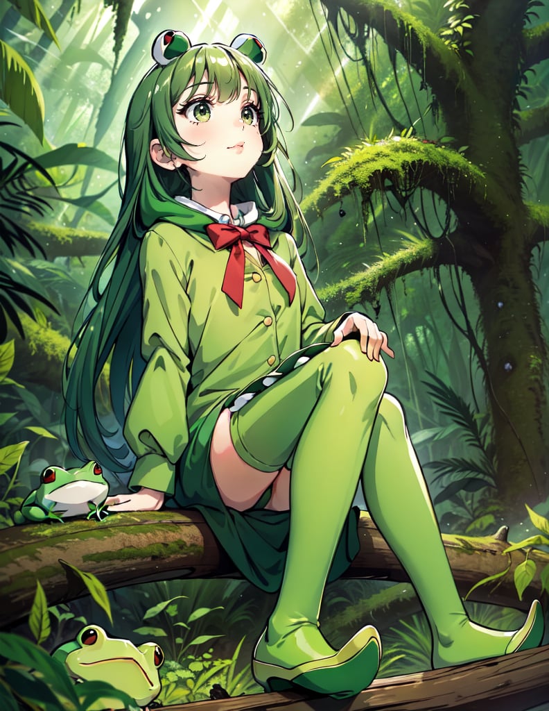 (masterpiece, top quality), high definition, artistic composition, 1 girl, in rainforest forest, wearing green stuffed frog, sitting with legs spread, looking up to heaven, comical, cute, from front