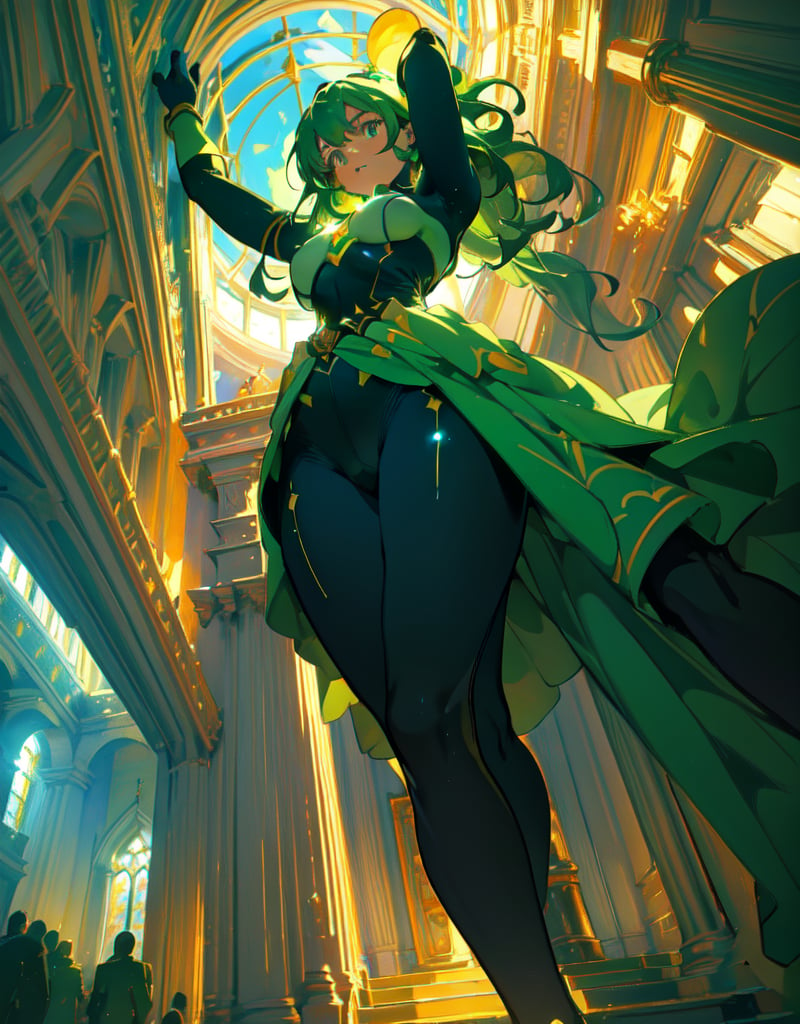 (masterpiece, top quality), high definition, artistic composition, 1 girl, green hero suit, cartoon, looking away, arms stretched upward and tall, powerful composition, from below, bold composition, emphasis on feet, large ball of light overhead, lively, Dutch angle, tall

