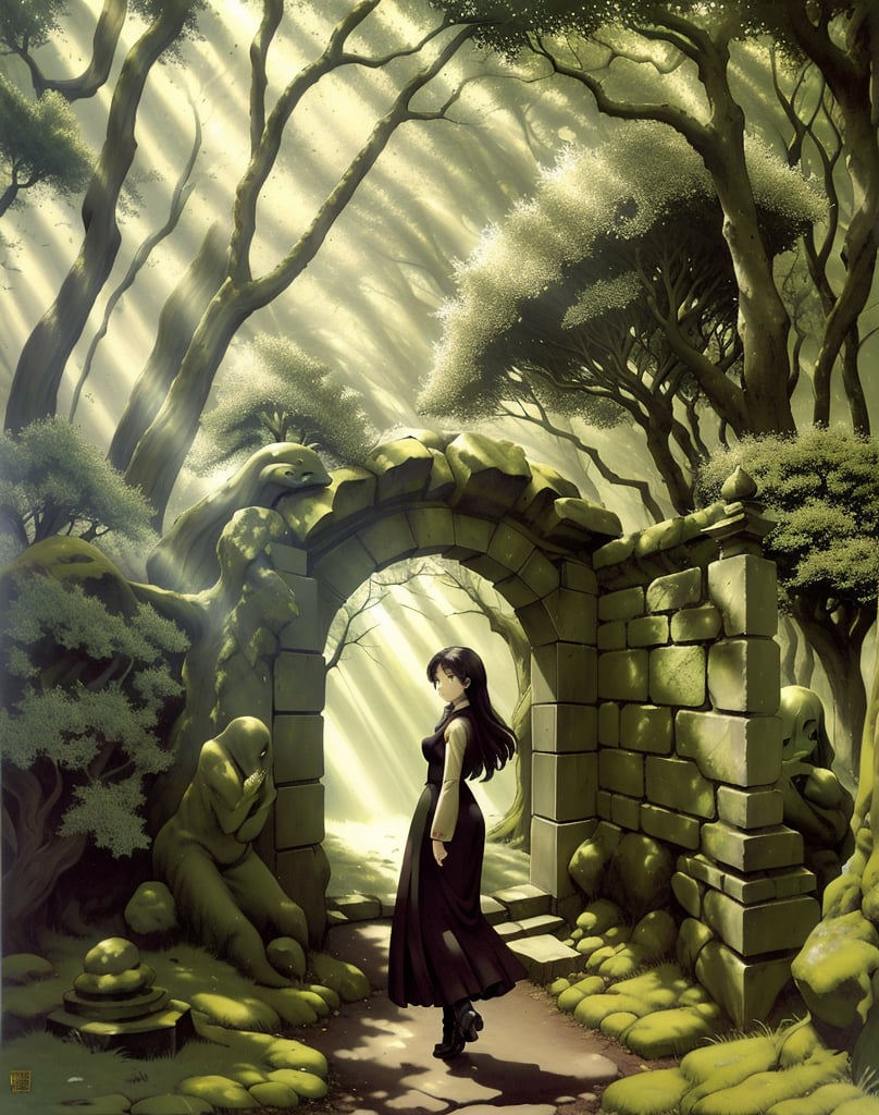 (masterpiece, top quality), high definition, artistic composition, 1 girl, walking, through a small stone gate, lots of strange human-shaped stone statues, mossy, surreal, sunlight through trees, dark forest, surprised, 