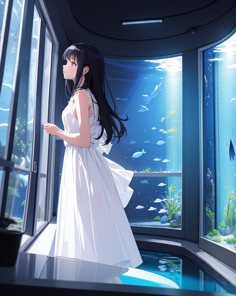 (masterpiece, top quality), high definition, artistic composition, 1 girl, looking away, white dress, black hair, dark indoor, aquarium, fantastic, dramatic, ennui