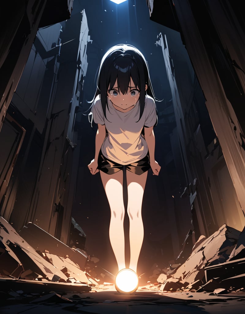 (masterpiece, top quality), high definition, artistic composition, 1 girl, 15 years old, scared, tears in her eyes, (flashlight), darkness, in ruins, T-shirt, shorts, frightening, terror, pitch black, jet black, dark background