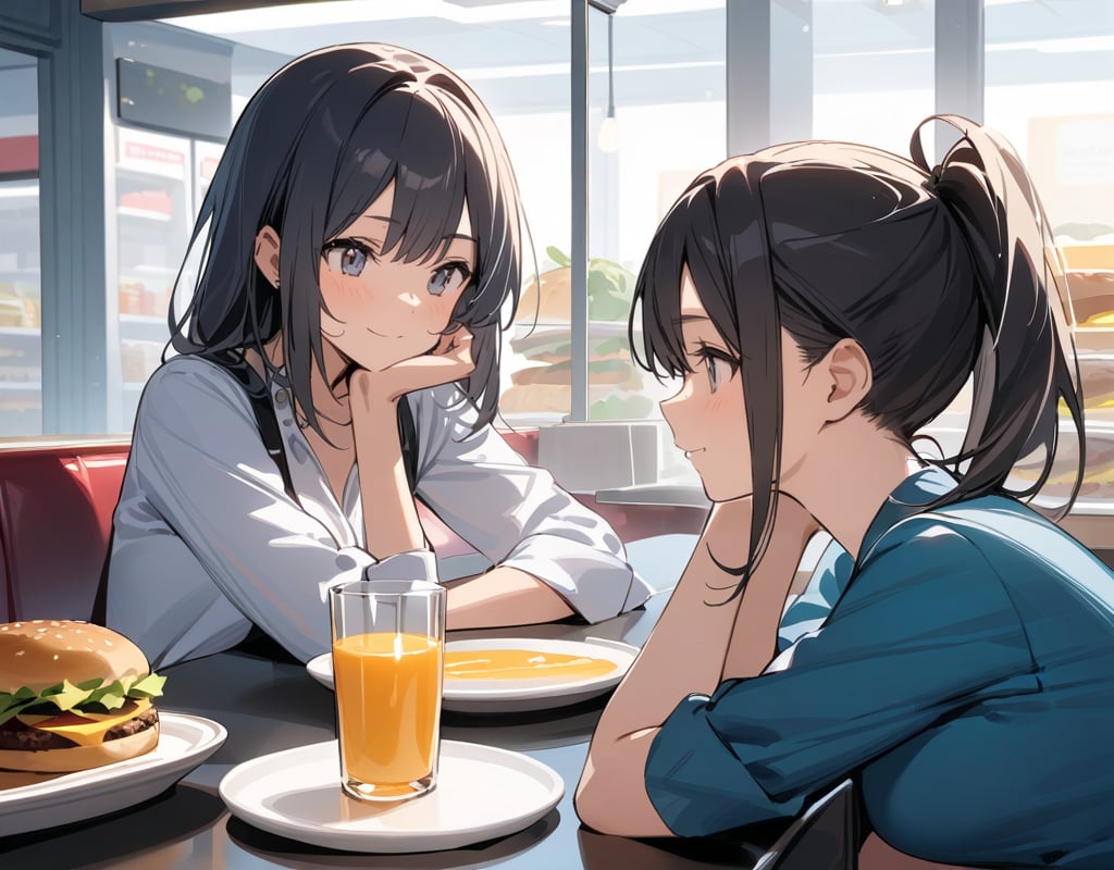 (masterpiece, top quality), high definition, artistic composition, 2 women, girl sitting leaning back in chair tired, hamburger store, girl smiling, elbows on table, juice in glass on table, from side, portrait, close friends, looking away, large gesture