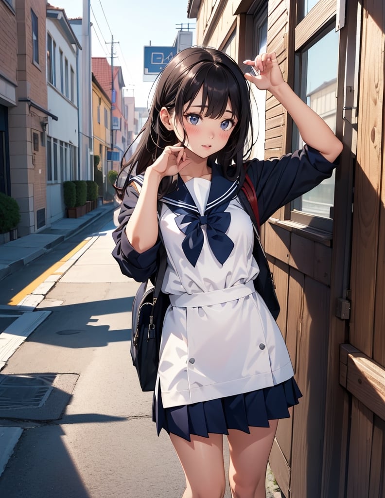 Masterpiece, Top Quality, High Definition, Artistic Composition, 1 girl, presenting a pretty envelope, embarrassed, looking away, blushing, from in front, school, uniform, sailor suit, girlish gesture