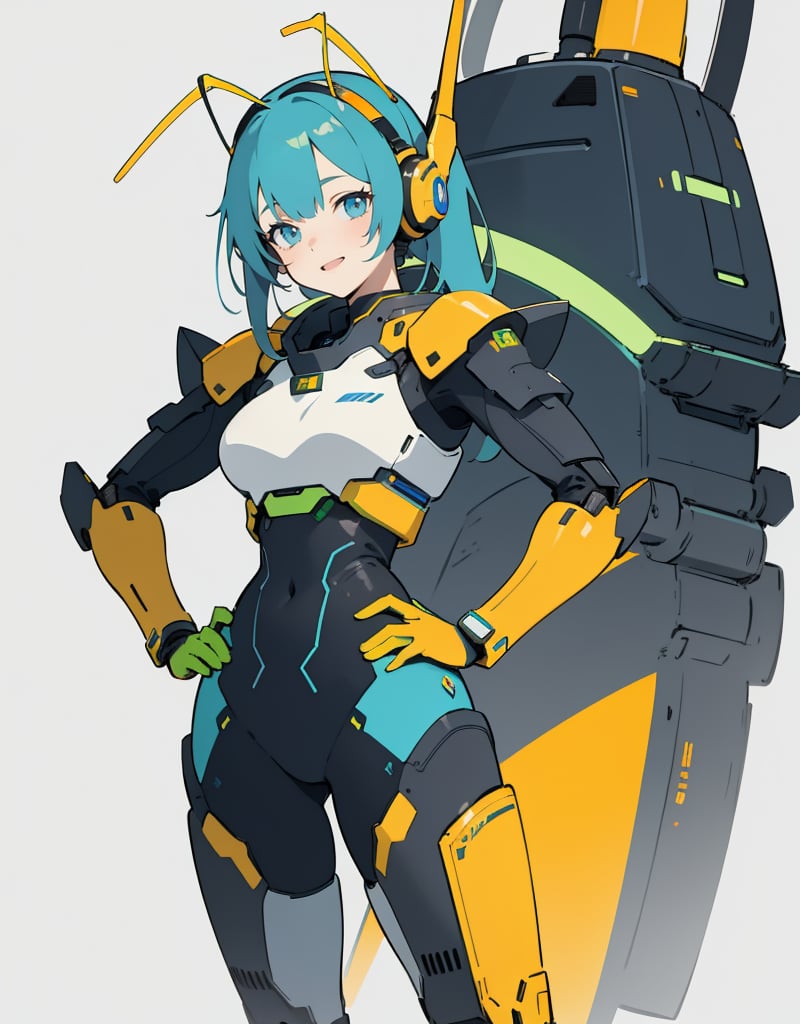 Masterpiece, Top Quality, High Definition, Artistic Composition, 1 girl, standing, one hand on hip, model pose, smiling, blue science fiction movie pilot suit, blue base color, yellow-green assorted colors, orange accent color, all gray background, Japanese anime style, headset with blade antennae, android-like armored parts,