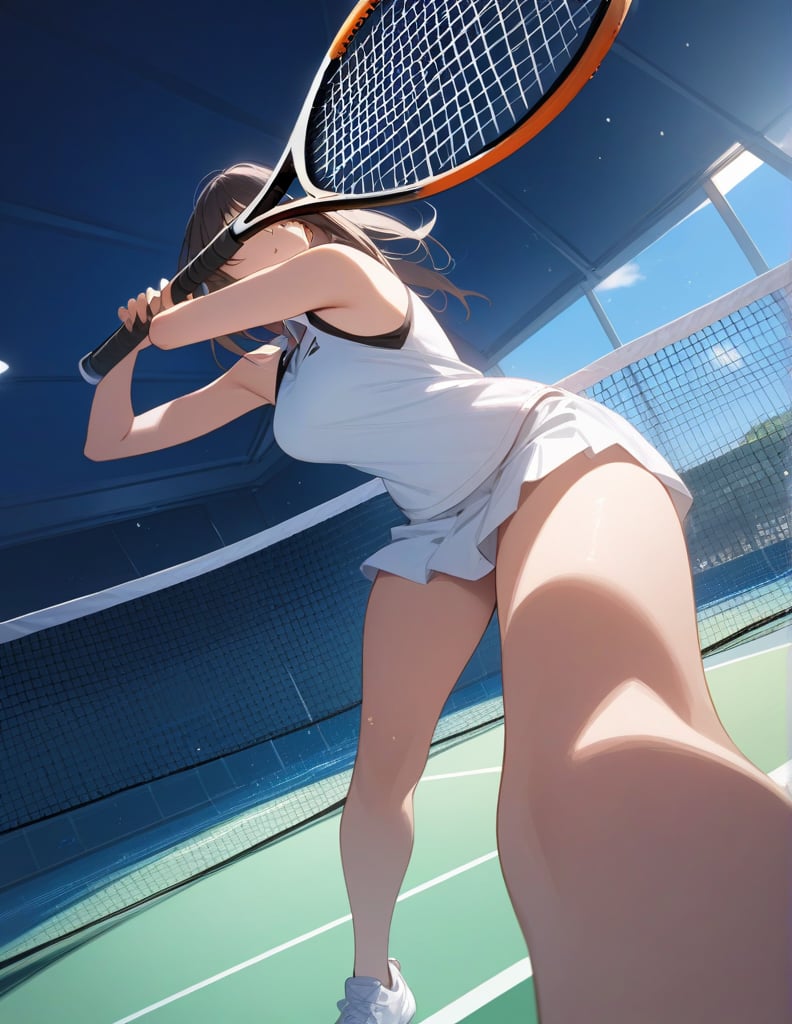 (Masterpiece, Top Quality), High Definition, Artistic Composition, 1 Woman, Tennis Wear, Tennis Court, Tennis Racket, Long Limbs, Stylish, Action Pose, From Below, Bold Composition, Dynamic, Perspective, Dramatic