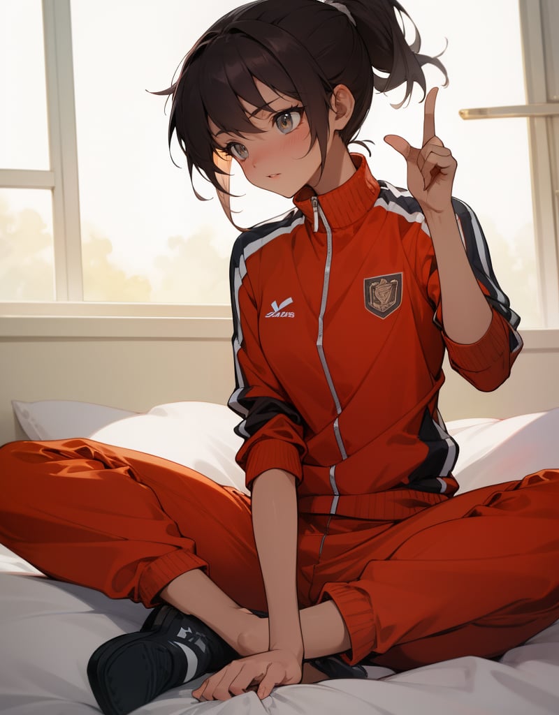 (masterpiece, top quality), high definition, artistic composition, one girl, sitting on bed, indian style, eyes up, index finger up, thinking, troubled, tracksuit, high ponytail, striking light, looking away