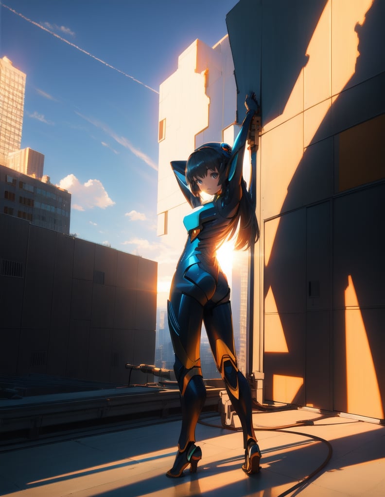 (masterpiece, top quality), high definition, artistic composition, 1 girl, plug suit, building rooftop, standing, backlit, long stretching shadow, Dutch angle, perspective, striking light, bold composition