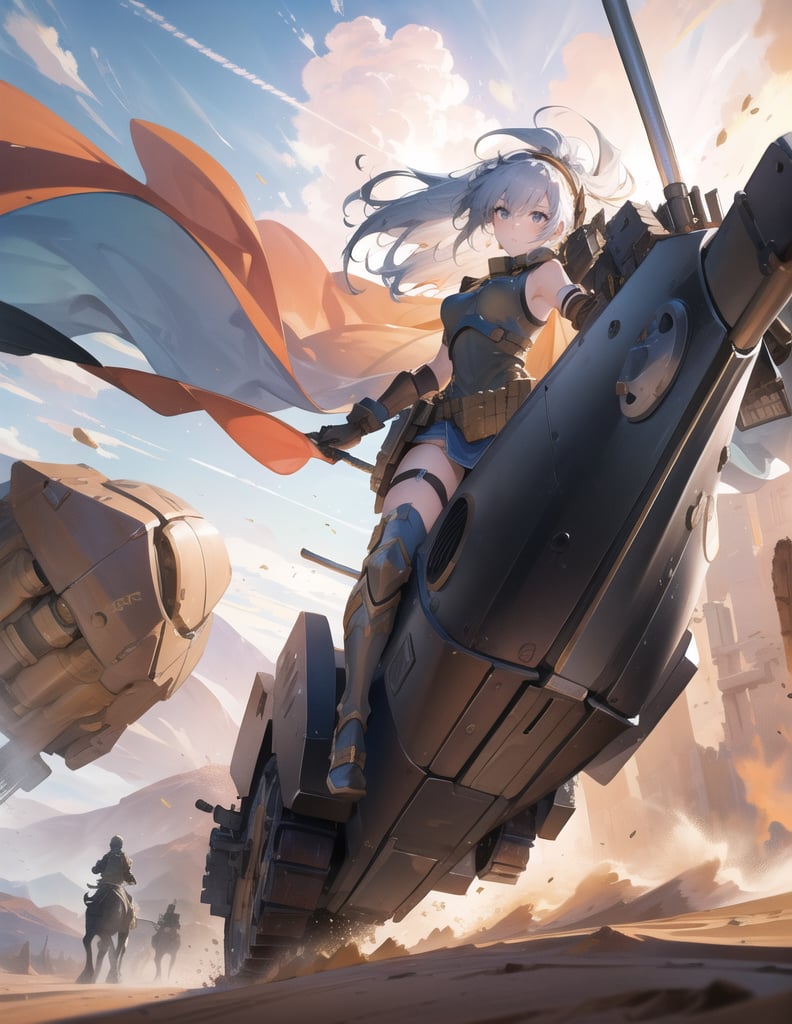 Masterpiece, Top Quality, High Definition, Artistic Composition,1 girl, girl on tank with arms and legs, battle dress, realistic weapon, desert, galloping, composition from above, Dutch angle, dust cloud